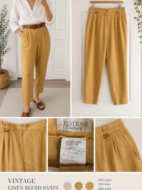 Emotions Exclusif Pants - Vintage Linen Blend High Waist Trousers Mustard Size M